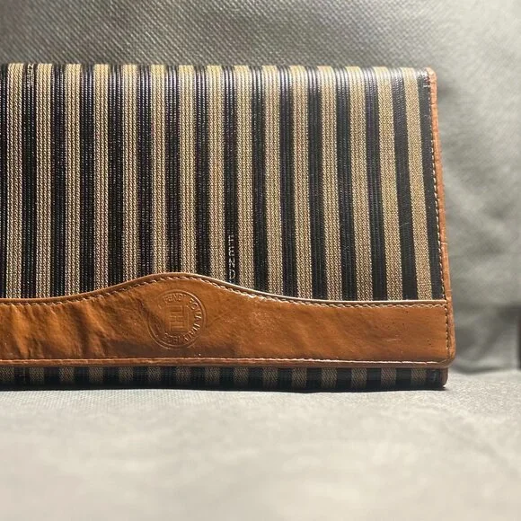 Vintage Fendi Wallet • Pequin Stripe Canvas & Tan Leather • Made in Italy - Picture 2 of 16
